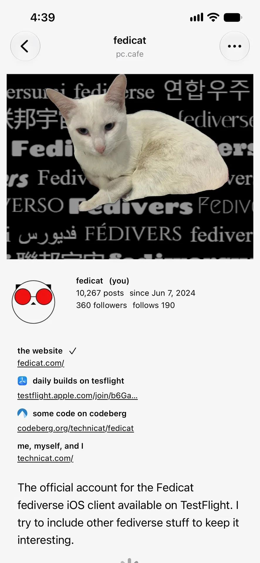 profile screen for fedicat account with a stylized cat avatar wearing red glasses and a header image showing a white cat and background of the word fediverse in various languages