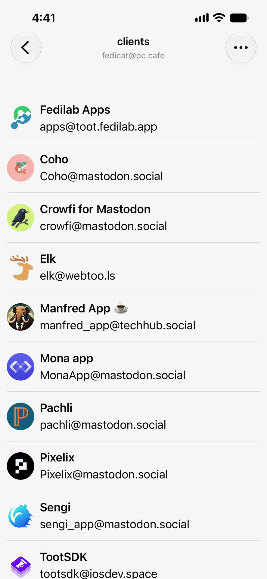 a full mastodon collection view listing accounts fo fediverse clients