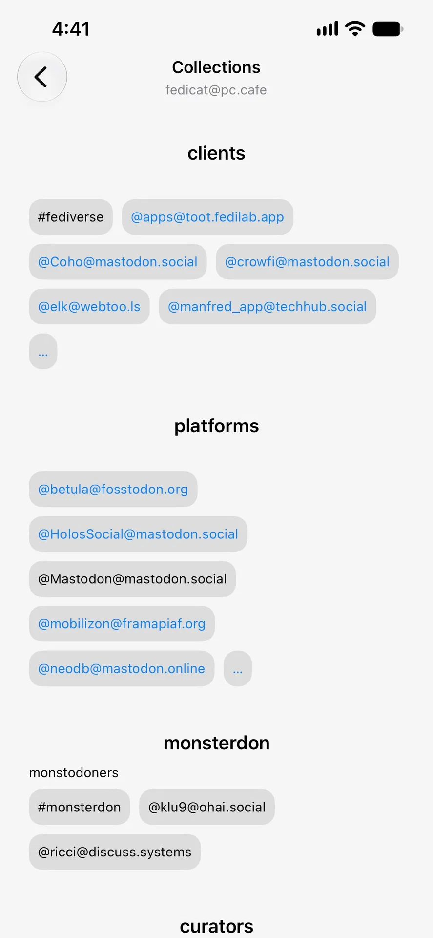 a list of mastodon account collections, each one displayed as a title above fediverse handles in a flow layout