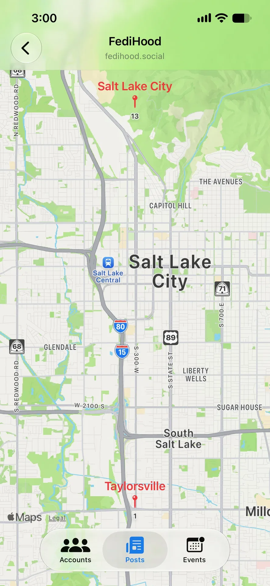 a map titled Fedihood showing two pins in the Salt Lake City area