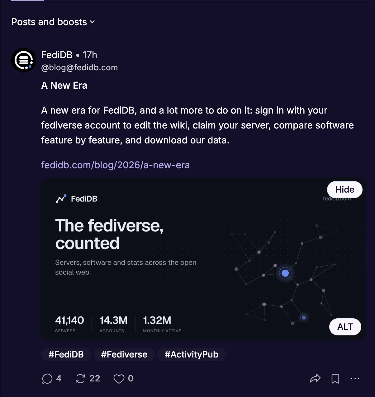 A FediDB post in a Mastodon home timeline.