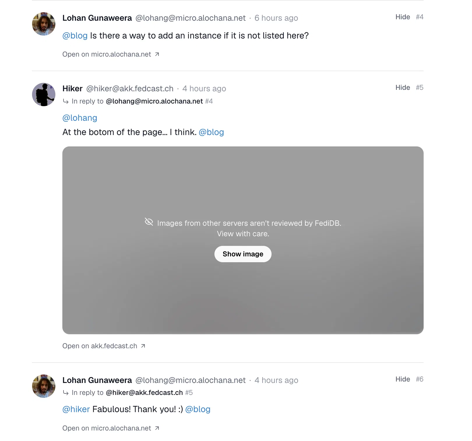 Replies with an “In reply to” link and a blurred image.